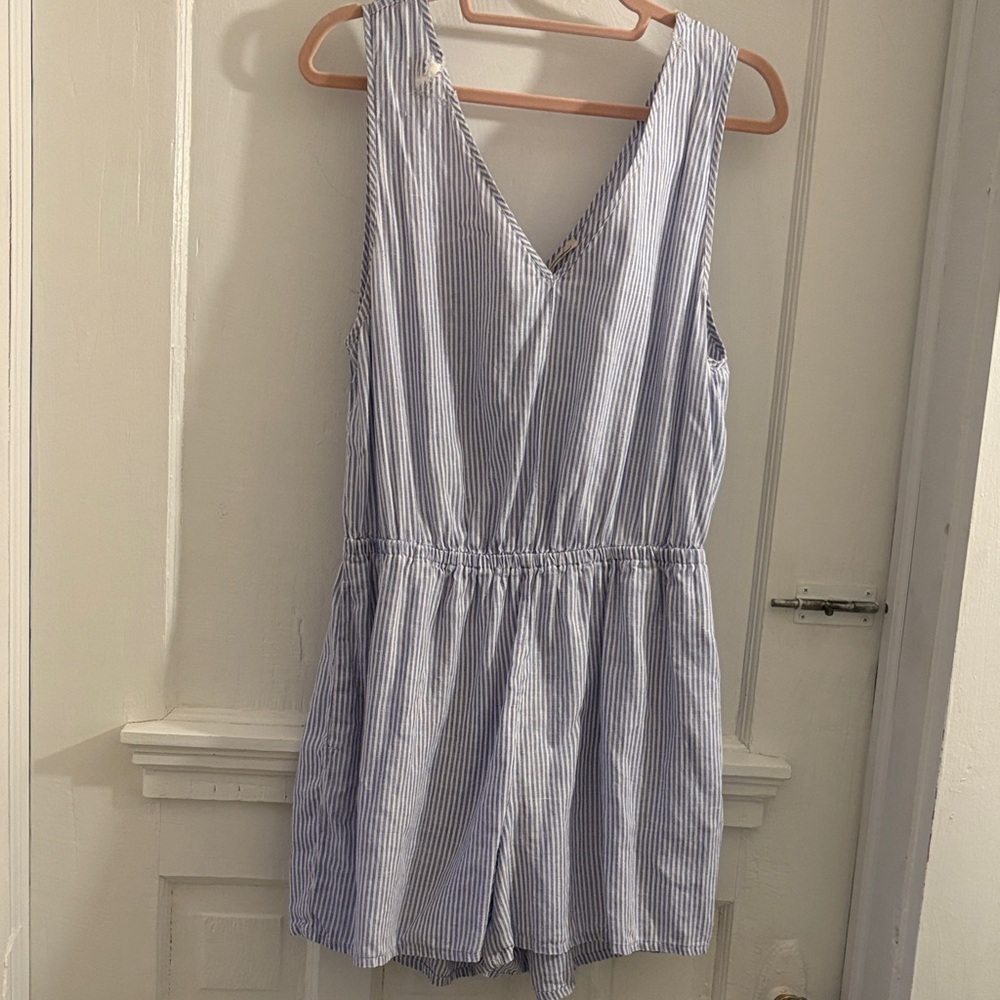American Vintage Blue and White Striped Linen Romper